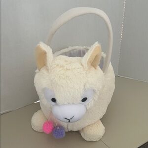 Cute Creamy Butter Color Plush Alpaca Basket with 3 Pom Poms great for Easter